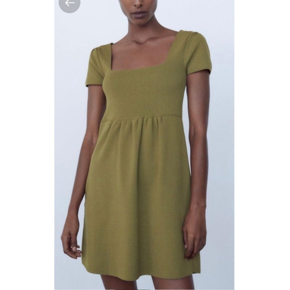 Zara Green Stretchy Knit Square Neck Skater Mini Dress - Picture 3 of 12